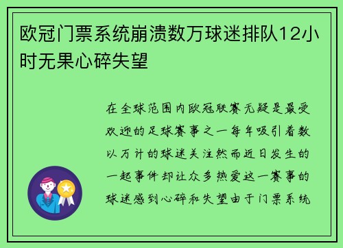 欧冠门票系统崩溃数万球迷排队12小时无果心碎失望